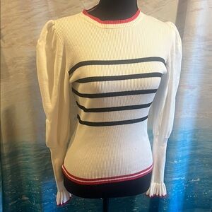 Cream Ribbed Scoop Neck Sweater with Navy Stripes and Red Trim Accents
